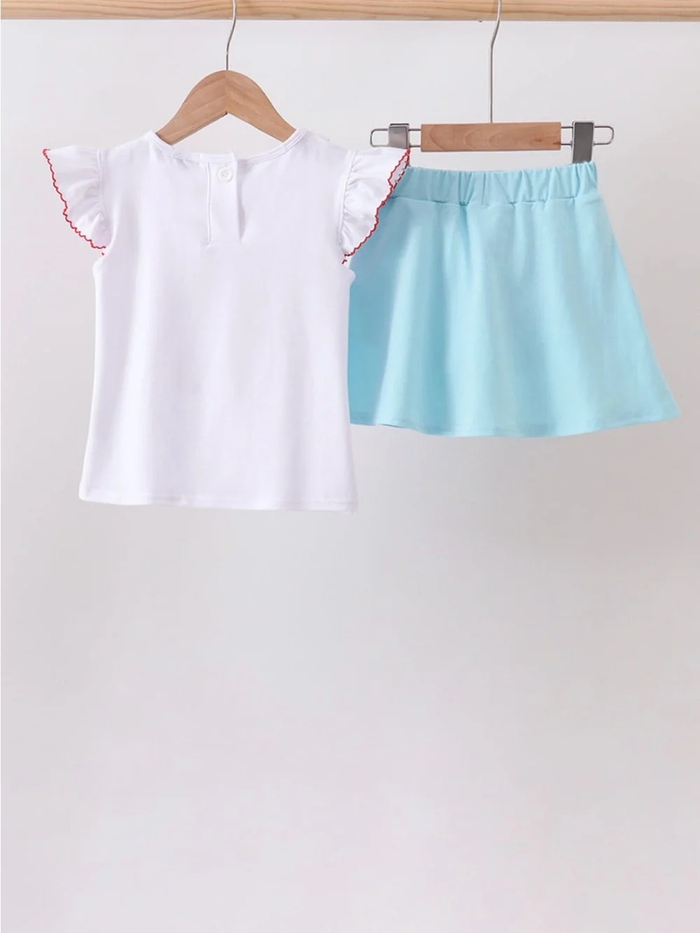 Girls Apple Applique Top & Light Blue Skort Set
